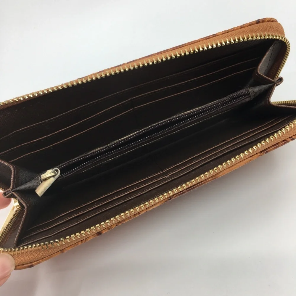 Croc Embossed Zip Around Wallet Tan Brown Vegan Faux Leather Brahmin Inspired